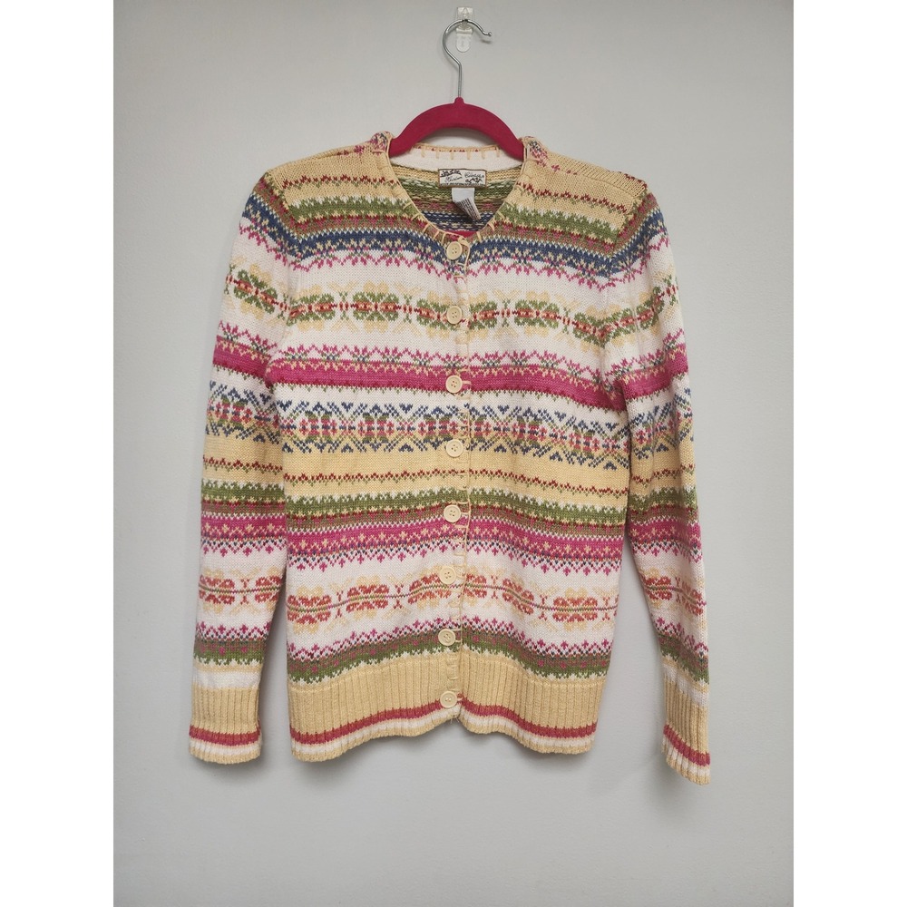 Heirloom Collectible Fair‎ Isle Cardigan Sweater Pink Green Cotton Blend Small